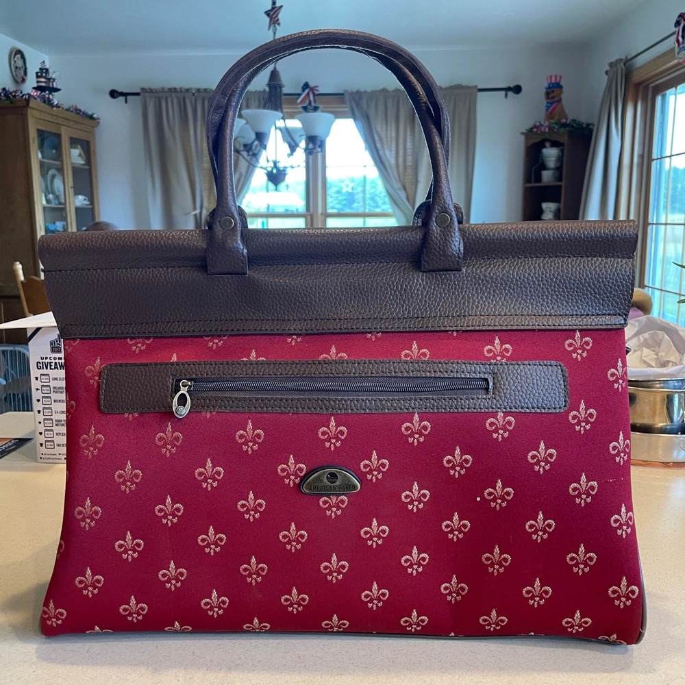 American Flyer Fleur de Lis Travel Tote Bag Red Brown Satchel Carry On